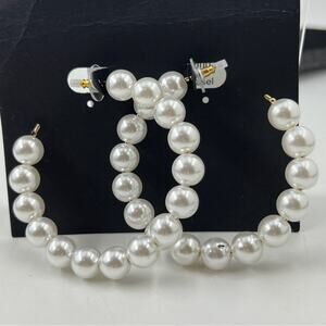 Lulus Faux Pearl Hoop Earrings New on Card 2.25” Wedding Party Dramatic